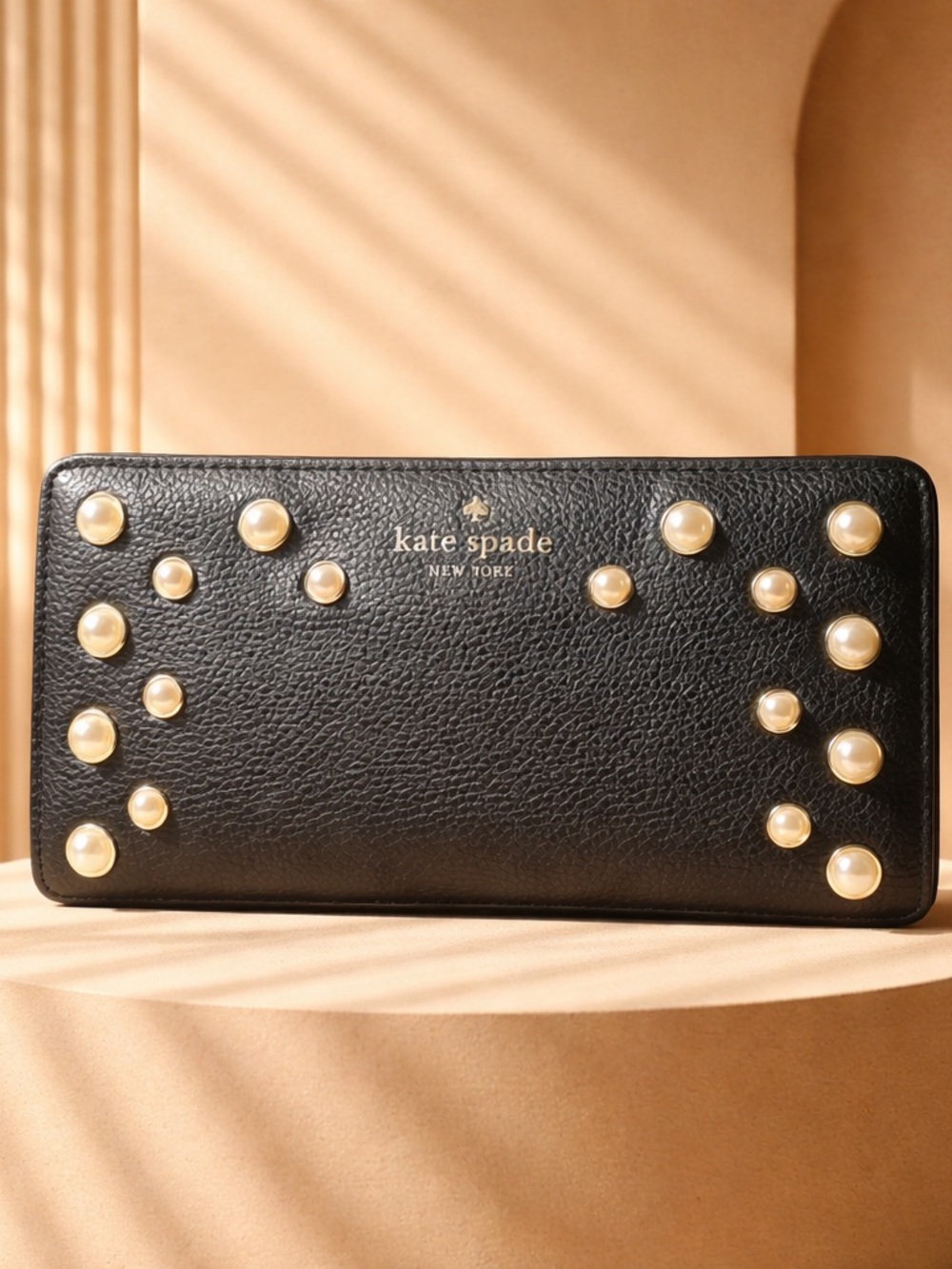 kate spade Black Pearl-Embellished Leather Continental Wallet
